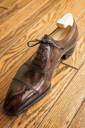 Luxury Handmade Men's Cap Toe Brown Leather Lace Up Formal Shoes