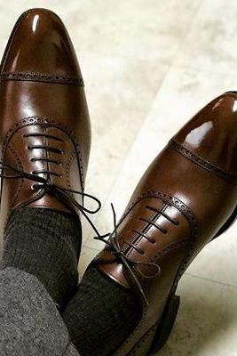 Handmade Genuine Leather Brown Office Men's Lace Up Shoes