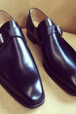 New Black Single Monk Strap Shoes, Handmade Leather Shoes For Men