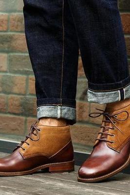 Best Fashion Men's Half Ankle Boot,Handmade Tan Brown Leather Suede Lace Up Fashion Boot