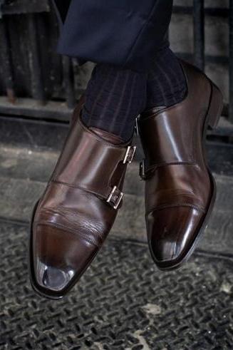 Handmade Classic Chocolate Brown Cap Toe Double Monk Strap Genuine Leather Office Shoes