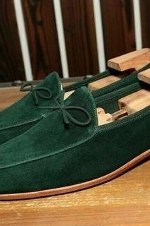 Classic Handmade Men's Green Tassels Loafer Suede Shoes New Loafers Slip on Shoes