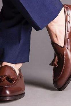 Best Chocolate Brown Handmade Tassels Loafer Wedding Leather Men's Shoes