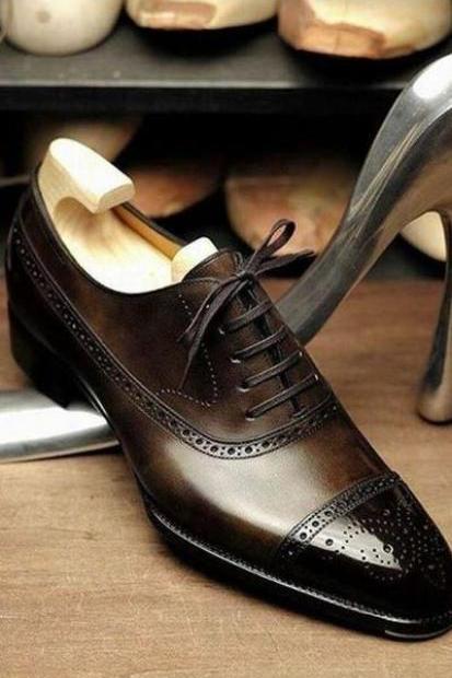 Best Handmade Dark Brown Cap Toe Brogue Leather Shoes For Men