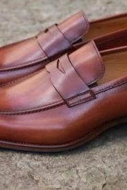 Luxury Handmade Decent Two Tone Penny Loafer Leather Office Wear Men's Shoes