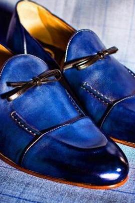 Classic Handmade Blue Leather Gorgeous Looking Customize Loafers Shoes 