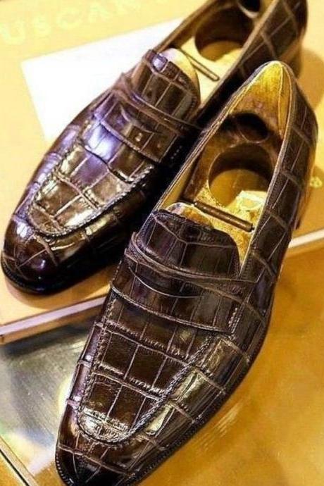 Handmade Men&#039;s Best Alligator Skin Shoes, Brown Loafer Formal Wear Shoes