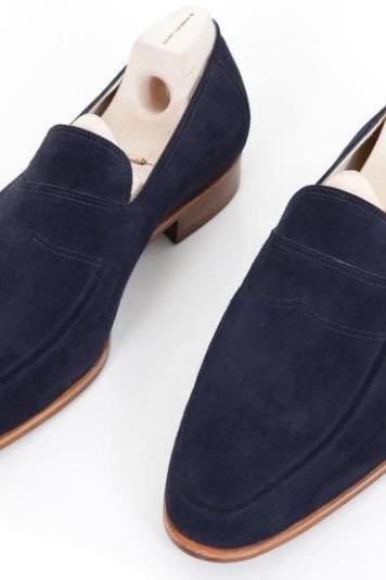 Trendy Men's Handmade Suede Navy Blue Moccasin Formal Shoes