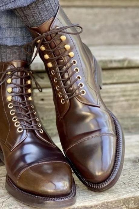 Best Fashion Dark Brown Ankle High Cap toe Leather Lace Up Boot
