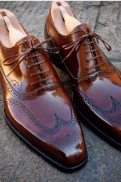 Men's Handmade Dress Formal Brown Wingtip Brogue Lace up Office Shoes