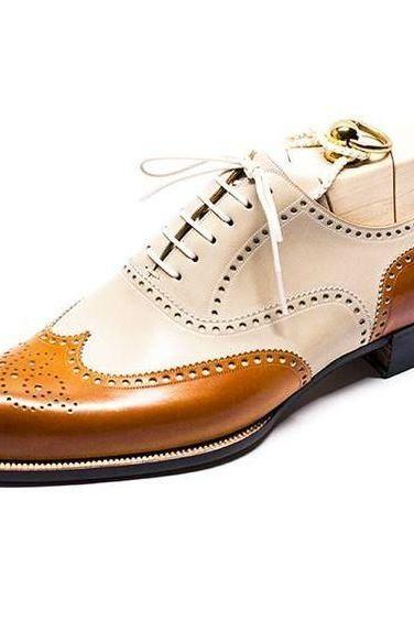 Luxury Men's Handmade Two Tone Leather Lace Up shoes, Oxfords Brogue Wedding Shoes