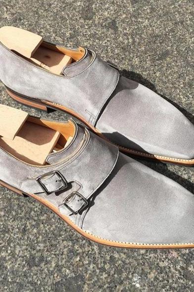 Luxury Handmade Gray Suede Double Monk Straps Shoes, Men's Dress Shoes