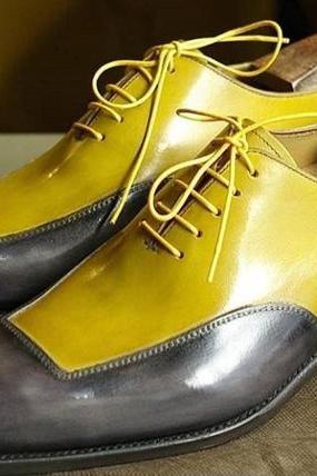 Elegant Handmade Men&#039;s Yellow and Gray Color Leather lace Up Fashion Shoes.