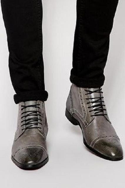 Elegant Handmade Men Gray leather brogue ankle high boots, Men Lace up leather boots