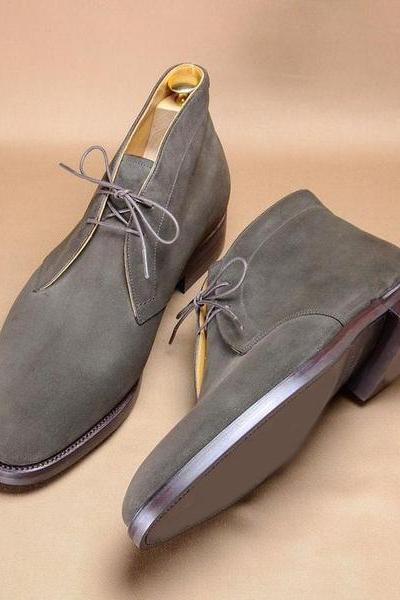 New Handmade Chukka Gray Suede Lace Up Boot For Men's