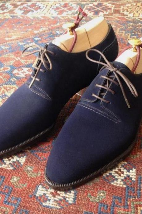 Awesome Men's Handmade Navy Blue Suede Lace Up Shoes
