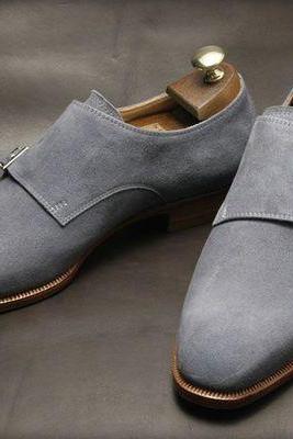 Trendy Men's Grey Color Shoes, Double Monk Style Suede Formal Shoes