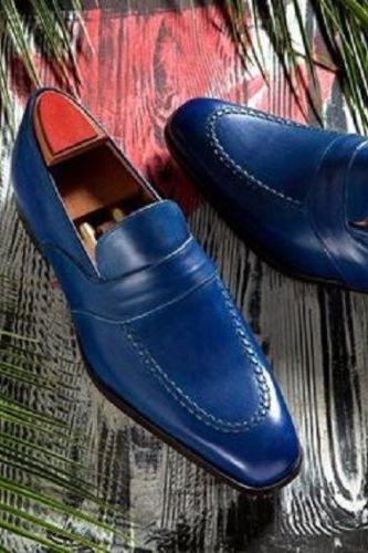 Trendy Men's Handmade Blue Genuine Leather Moccasin Formal Shoes