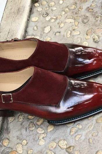 Men's Handmade Maroon Single Monk Strap Suede Leather Shoes