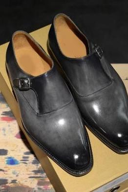 Trendy Handmade Men's Grey Black Monk Style Leather Shoes