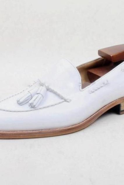 Classic Handmade White Tassels Loafer Leather Party Wear Shoes
