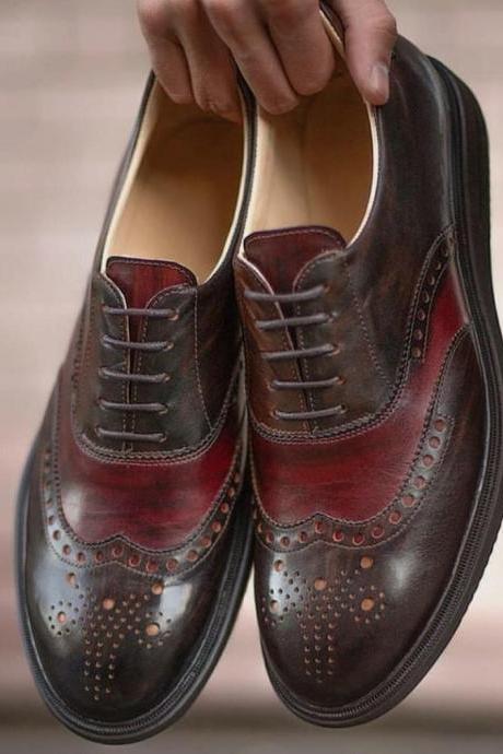 Men's Handmade Two Tone Leather Wingtip Lace Up Casual Wear Shoes