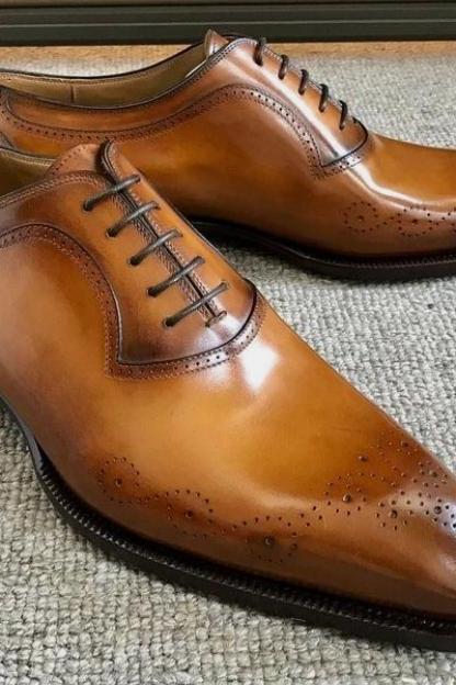 Luxury Handmade Men's Brown Brogue Toe Style Leather Lace Up Formal Shoes