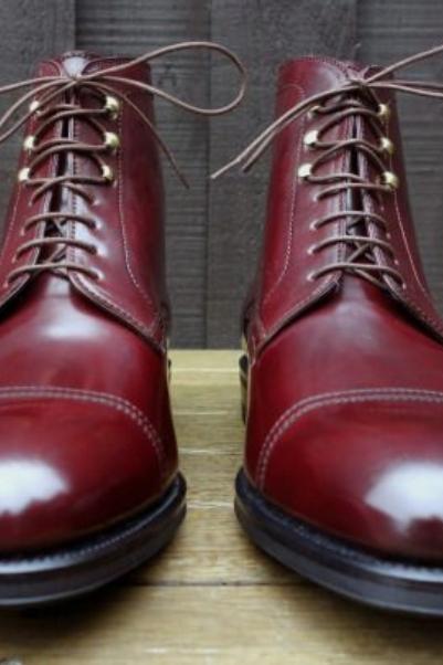 Trendy Handmade Burgundy Ankle High Lace Up Genuine Leather Boot