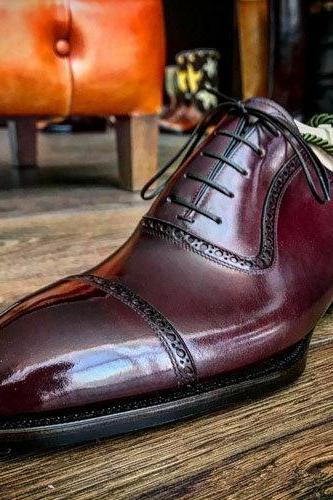 Handmade Men's Burgundish Leather Cap Toe Lace Up Formal Wear Shoes