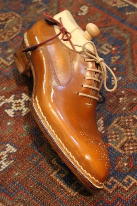 Men's Tan Brown Customize Brogue Toe Style Lace Up Leather Shoes
