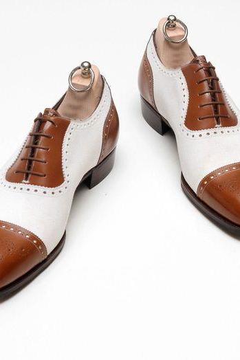 Luxury Men's Two Tone Cap Toe Leather Lace Up Shoes