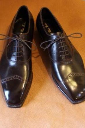 Classic Handmade Men's Black Leather Wingtip Lace Up Formal Shoes
