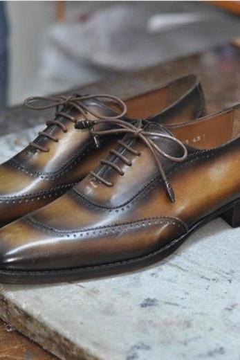 Classic Handmade Men's Two Tone Genuine Leather Lace Up Wedding Shoes