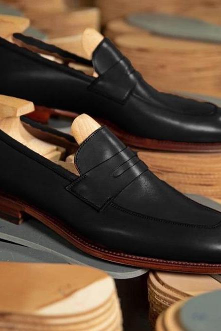Handmade Men's Black Moccasin Leather Formal Shoes