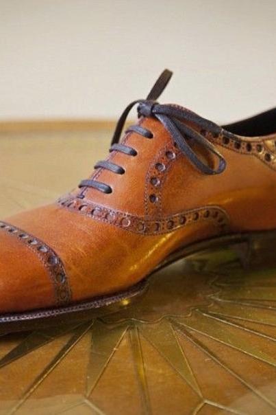 Handmade Men's Oxfords Brown Cap Toe Leather Lace Up Wedding Shoes