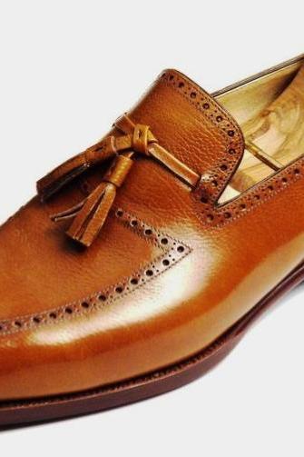 Handmade Men's Brown Tassels Laofer Round Toe Leather Shoes