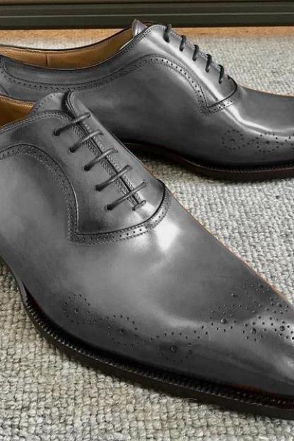 Men's Handmade Grey Brogue Toe Leather Lace Up Shoes