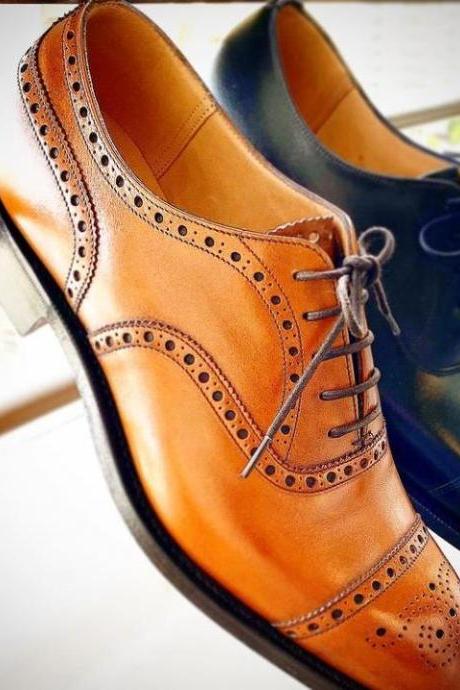 Luxury Men&#039;s Hand Stitch Oxfords Cap Toe Brogue Genuine Leather Lace Up Shoes
