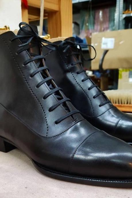 Hand Made Black Genuine Leather Rangers Lace Up Boot