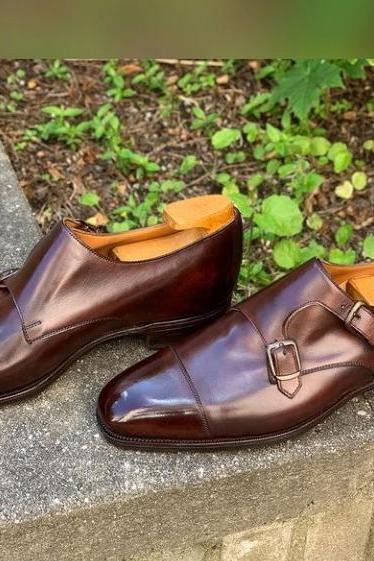 Trendy Men's Hand Stitch Double Monk Strap Leather Shoes