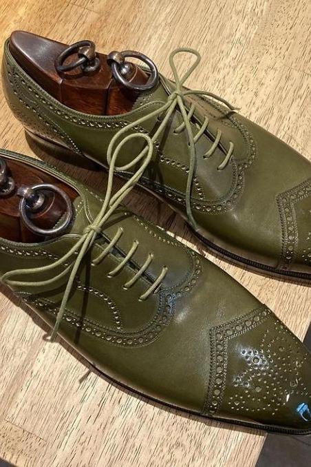 Top Fashion Hand Stitch Olive Green Shoes, Wingtip Brogue Leather Lace Up Shoes