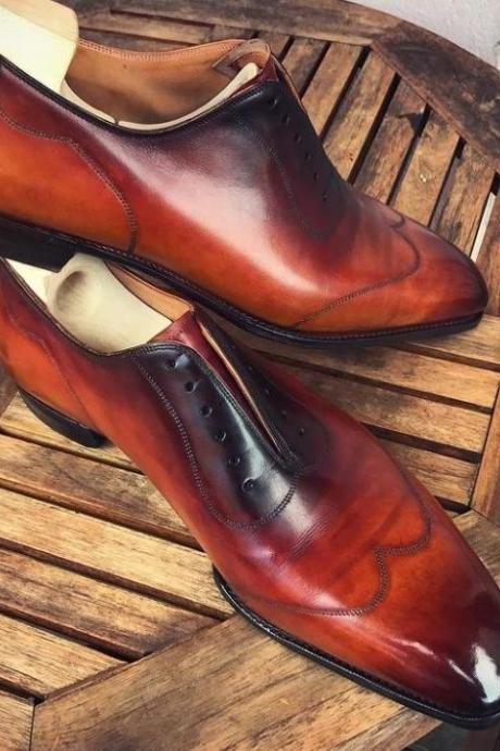 Hand Made Men's Two Tone Wingtip Genuine Leather Lace Up Shoes