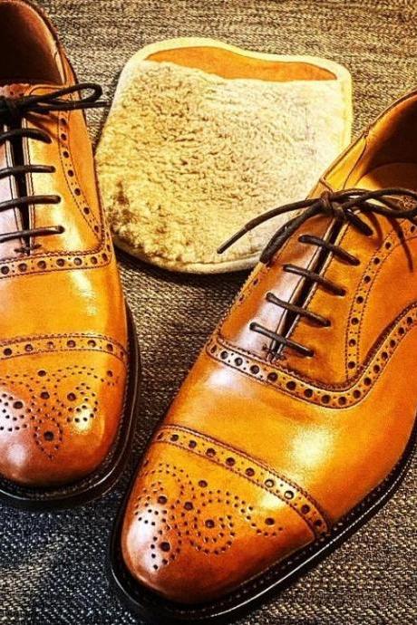 Handmade Brown Oxfords Cap Toe Brogue Leather Lace Up Shoes