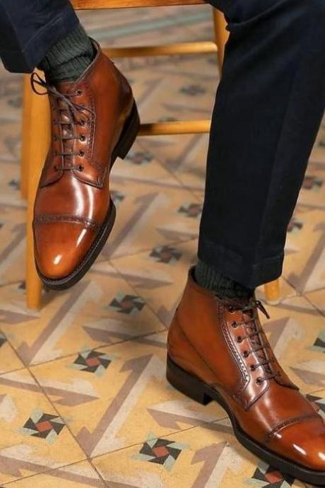 Adult Hot Sale Brown Cap Toe Genuine Leather Lace Up Boot