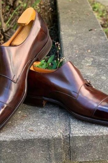 Decent Wear Men's Hand Stitch Brown Double Monk Strap Genuine Leather Shoes