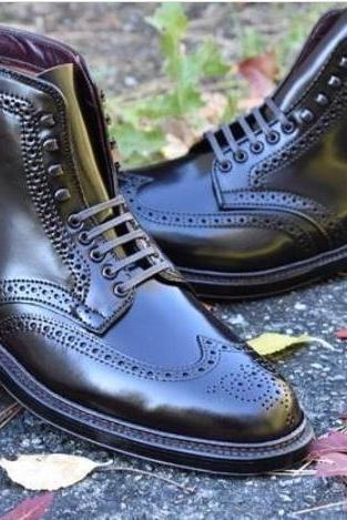 Luxury Men's Black Oxfords Black Boot, Genuine Leather Lace Up Boot
