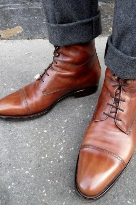 Adult Men's Brown Cap Toe Genuine Leather Lace Up Boot Made On Order
