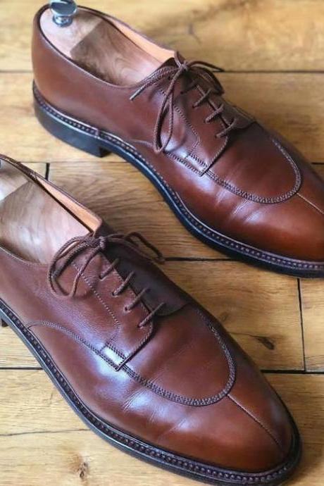 New Handmade Brown Split Toe Leather Lace Up Formal Shoes