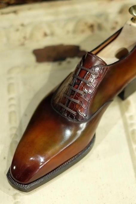 Handmade Brown Alligator Touch Lace Up Formal Shoes