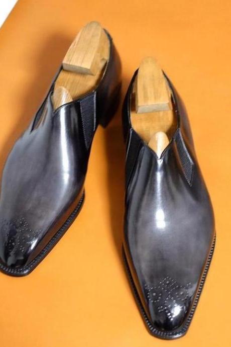 Elegant Men's Hand Made Black Grey Shoes, Loafer Brogue Leather Shoes